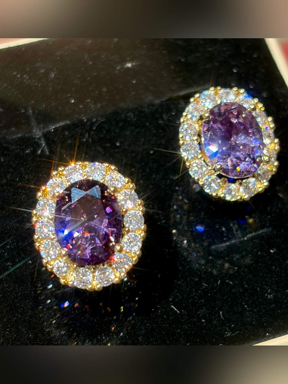 New Amethyst 13mm CZ Gold Tone Halo Oval Cut Stud Earrings/sophisticated/elegant